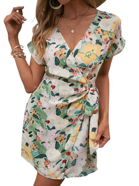 floral print roll up sleeve knot front wrap dress u9db#, Black;gray