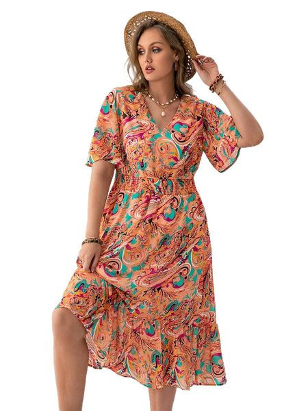rusttydustty plus allover print ruffle hem dress p4dd#, Black