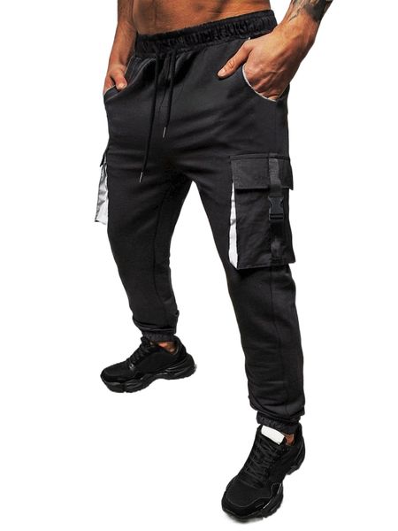 men flap pocket side drawstring waist cargo pants 34tc#, Black