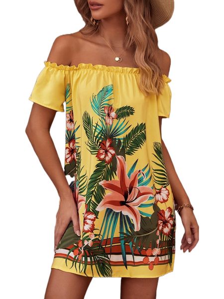 tropical print bardot dress e6yf#, Black;gray