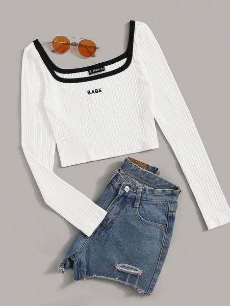 contrast trim embroidered letter rib-knit h2k5#, White 
contrast trim embroidered letter rib-knit h2k5#, White