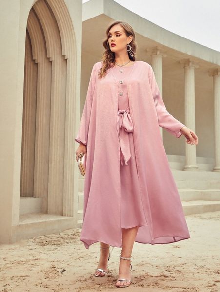 plus open front coat & appliques knot front dress d27h#, Black 
plus open front coat & appliques knot front dress d27h#, Black