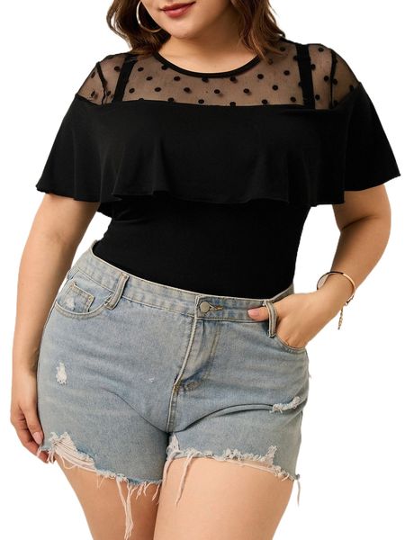 plus contrast mesh polka dot ruffle detail bodysuit 27z9#, Black 
plus contrast mesh polka dot ruffle detail bodysuit 27z9#, Black