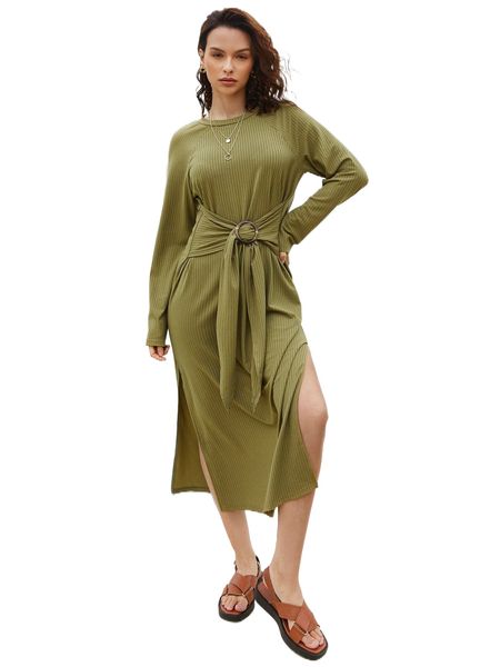 split thigh raglan sleeve rib-knit belted dress with ring y3zq#, Black;gray 
split thigh raglan sleeve rib-knit belted dress with ring y3zq#, Black;gray