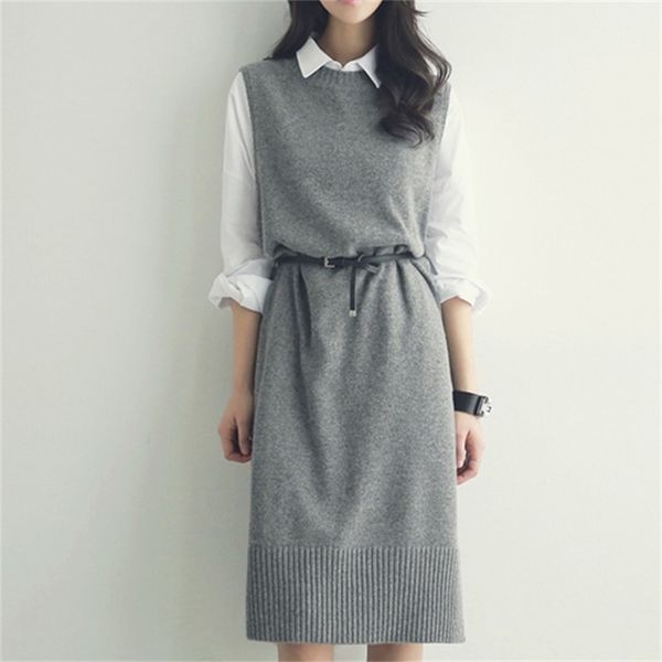 pullover vest dress autumn winter long knitted women sweaters vest sleeveless warm sweater casual solid vestido with belt 210412, White;black
pullover vest dress autumn winter long knitted women sweaters vest sleeveless warm sweater casual solid vestido with belt 210412, White;black