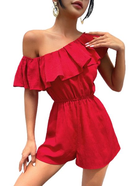 asymmetrical neck ruffle trim romper 69nd#, Black;white
asymmetrical neck ruffle trim romper 69nd#, Black;white