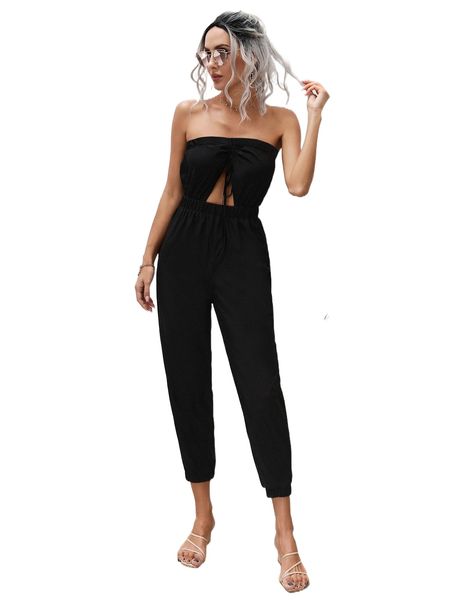 drawstring front cut out tube jumpsuit g1mk#, Black;white