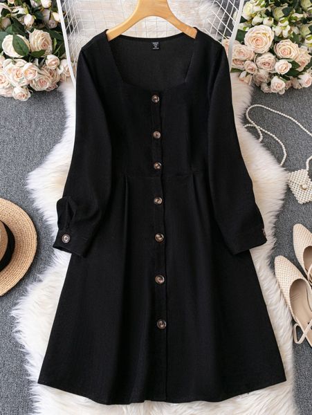 plus square neck corduroy dress 02ze#, Black 
plus square neck corduroy dress 02ze#, Black