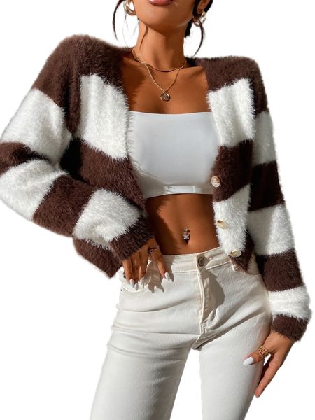 two tone fuzzy cardigan k01q#, White;black 
two tone fuzzy cardigan k01q#, White;black