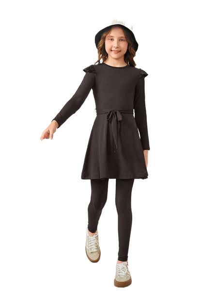girls ruffle trim & leggings set r7la#, Black;white