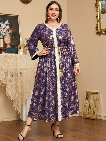 plus argyle & floral print contrast tape tassel belted dress 86hb#, Black
plus argyle & floral print contrast tape tassel belted dress 86hb#, Black