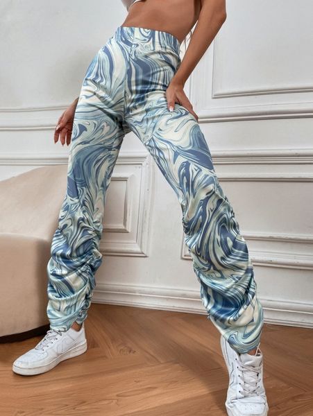 random marble print ruched side pants y9c1#, Black;white
