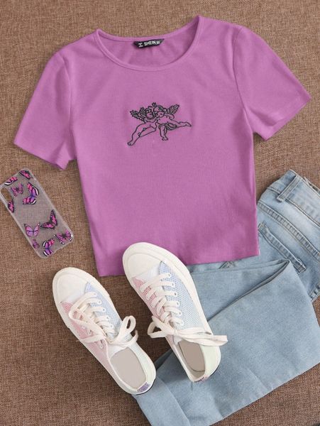 angel print rib-knit crop t3n8#, White 
angel print rib-knit crop t3n8#, White