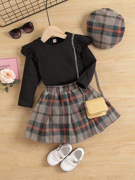 toddler girls ruffle trim & tartan skirt with hat she, White
toddler girls ruffle trim & tartan skirt with hat she, White