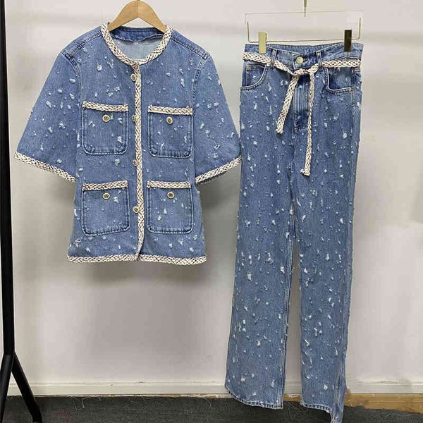 two piece dress s family spring and summer tether belt hole straight cotton jeans + top, White
two piece dress s family spring and summer tether belt hole straight cotton jeans + top, White