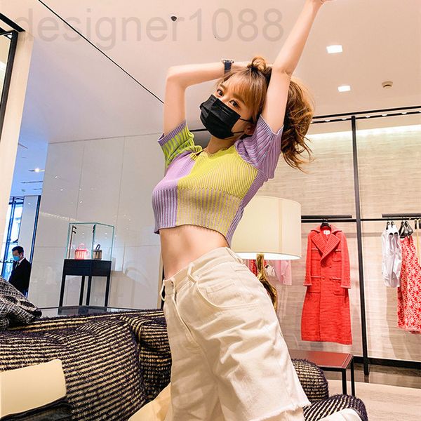 women's knits & tees designer 2021 summer new korean fashion slim and knit shirt contrast color short sleeve vertical stripe open navel, White
women's knits & tees designer 2021 summer new korean fashion slim and knit shirt contrast color short sleeve vertical stripe open navel, White