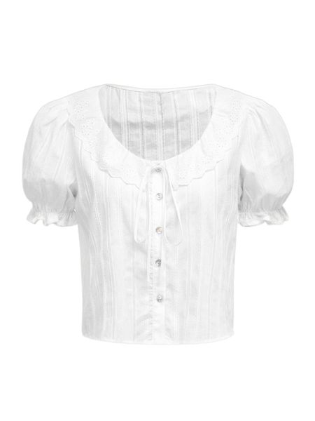 puff sleeve eyelet embroidered ruffle trim tie front blouse m8ld#, White
puff sleeve eyelet embroidered ruffle trim tie front blouse m8ld#, White