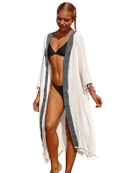 tassel decor stitch detail open front kimono p7ff#, White;black