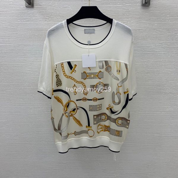 women's t-shirt 21 belt chain pendant print elastic satin silk fabric stitched knit crew neck top, White
women's t-shirt 21 belt chain pendant print elastic satin silk fabric stitched knit crew neck top, White