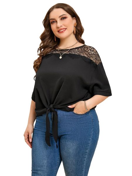plus contrast lace panel tie hem blouse v1eu#, Black