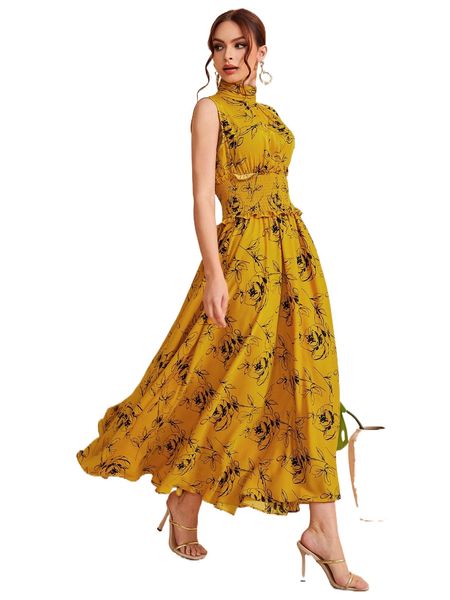 ruched neck frill trim shirred waist floral dress d8yq#, Black;gray 
ruched neck frill trim shirred waist floral dress d8yq#, Black;gray