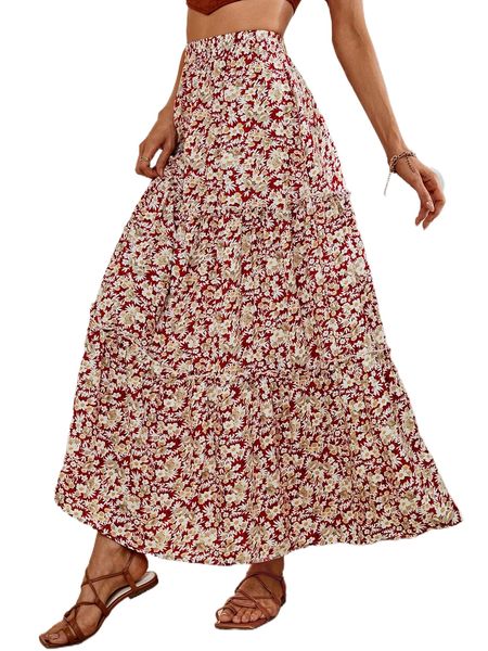 allover floral print frill trim skirt w952#, Black