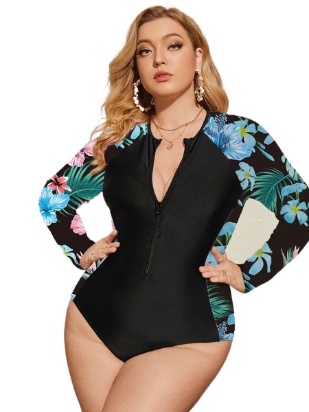 plus tropical print zip front one piece swimsuit v7zb#, White;black 
plus tropical print zip front one piece swimsuit v7zb#, White;black