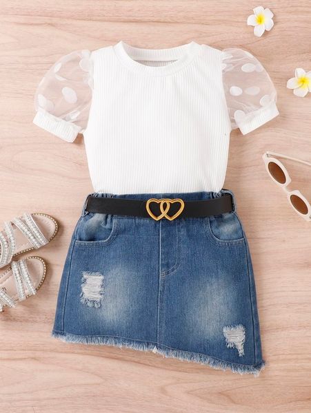 toddler girls contrast mesh puff sleeve tee & ripped belted denim skirt she, White 
toddler girls contrast mesh puff sleeve tee & ripped belted denim skirt she, White
