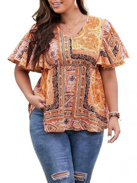 plus scarf print flutter sleeve peplum blouse x18l#, Black