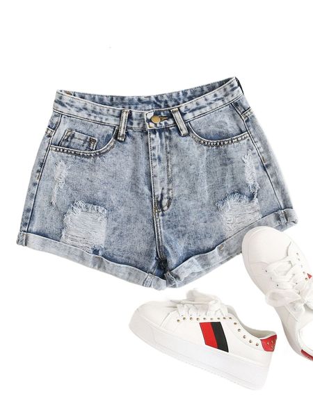 flakes ripped rolled hem denim shorts w3bu#, White;black