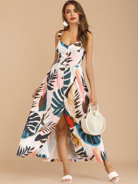 tropical leaf print buttoned maxi dress y1y3#, Black;gray