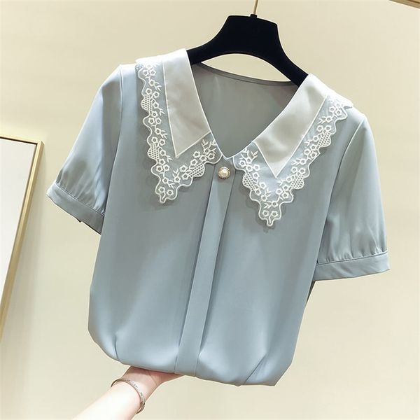 women spring summer style chiffon blouses shirts lady casual short sleeve peter pan collar chiffon blusas 210302, White
women spring summer style chiffon blouses shirts lady casual short sleeve peter pan collar chiffon blusas 210302, White