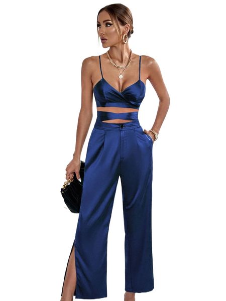 solid satin criss cross tie back cami & split hem pocket pants t5vr#, White
