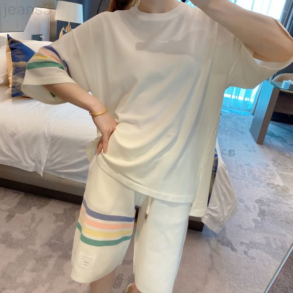 women's t-shirt designer 2022 summer short sleeve ice hemp knitted wide leg shorts tb color stripe leisure sports suit women's two, White
women's t-shirt designer 2022 summer short sleeve ice hemp knitted wide leg shorts tb color stripe leisure sports suit women's two, White