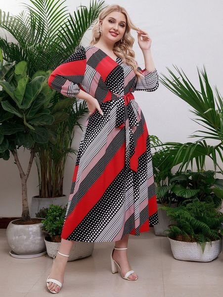 plus polka dot & striped lantern sleeve belted dress x8tx#, Black