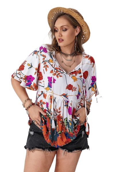 rusttydustty plus floral print butterfly sleeve tie neck blouse g4gj#, Black