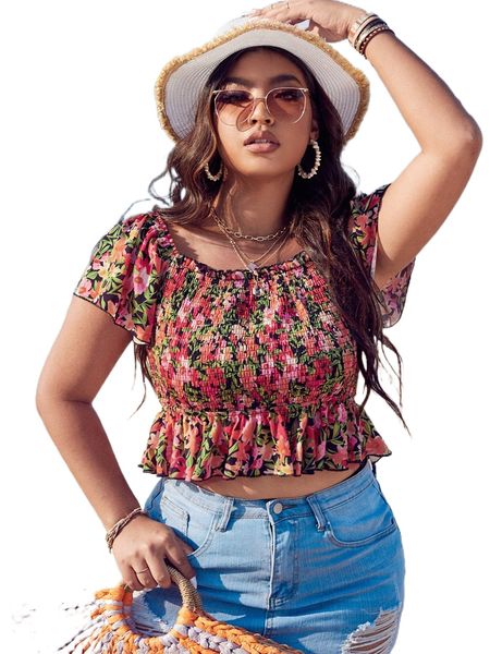plus allover floral print shirred flutter sleeve ruffle hem blouse 60f7#, Black