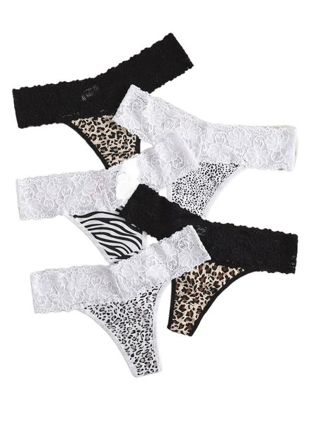 5pack zebra stripe & leopard contrast lace panty m2ux#, Black;red