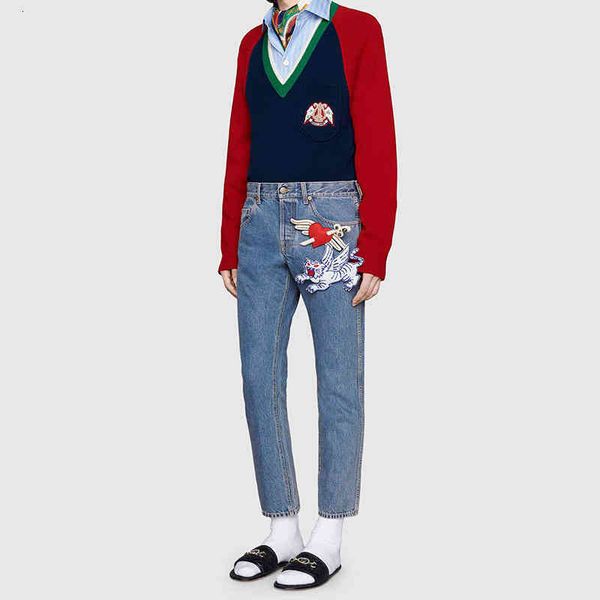 women's knits & tees cardigan contrast red and blue color matching badge embroidery v-neck long sleeve sweater men's women's, White
women's knits & tees cardigan contrast red and blue color matching badge embroidery v-neck long sleeve sweater men's women's, White