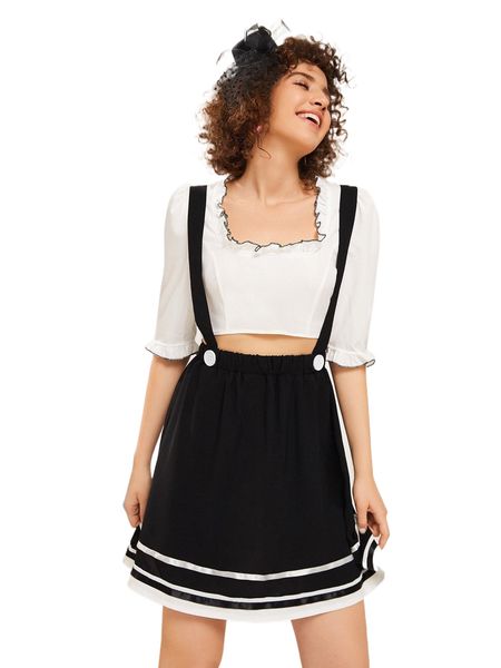 striped pattern contrast tape pinafore skirt h9tp#, Black 
striped pattern contrast tape pinafore skirt h9tp#, Black
