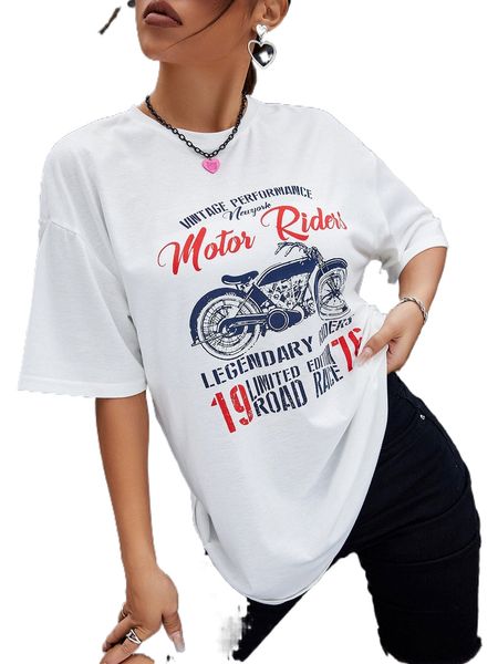 motorcycle & letter graphic tee x0kf#, White 
motorcycle & letter graphic tee x0kf#, White