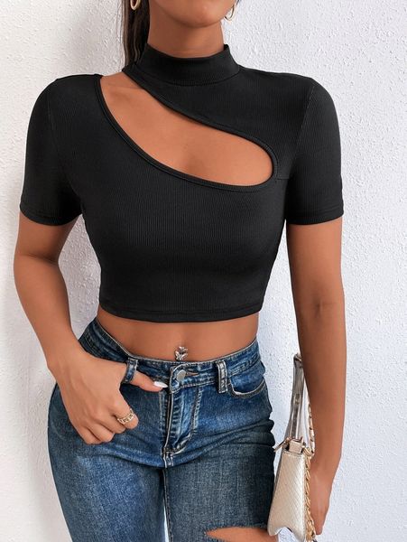 petite mock neck cut out crop tee a3yl#, White