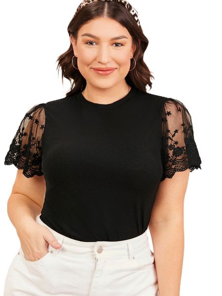 plus embroidery mesh flounce sleeve 108m#, Black