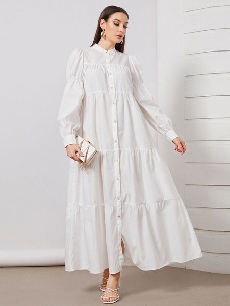 gathered sleeve button front smock dress h6vi#, Black;gray