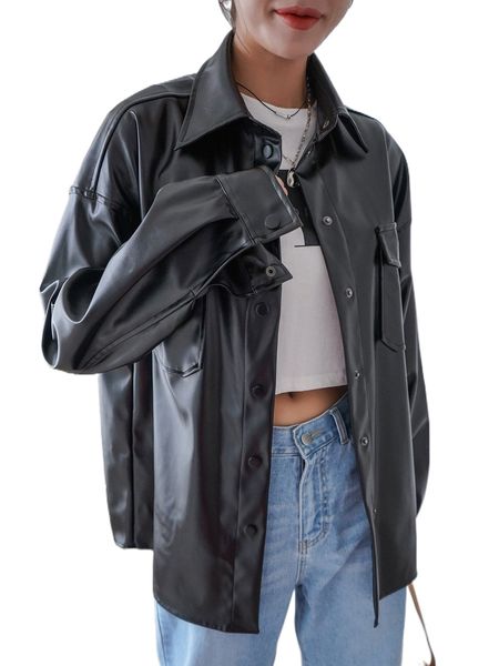 dazy flap pocket drop shoulder pu leather coat w46o#, Black