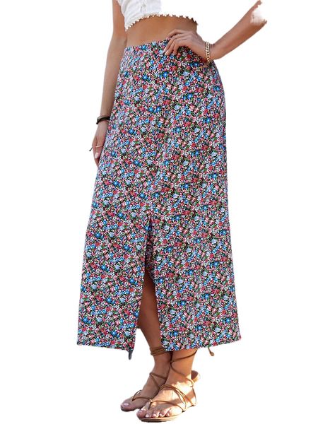 allover floral print split hem skirt m7az#, Black
allover floral print split hem skirt m7az#, Black