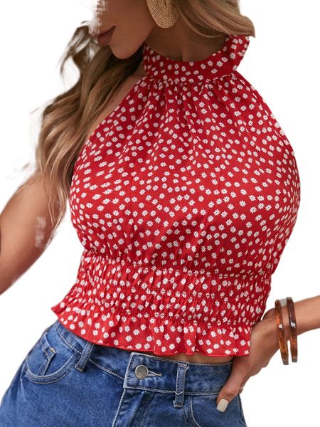 ditsy floral print tie backless shirred peplum halter e02u#, White
ditsy floral print tie backless shirred peplum halter e02u#, White