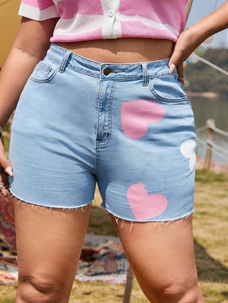 plus heart print denim shorts k9yc#, White;black
