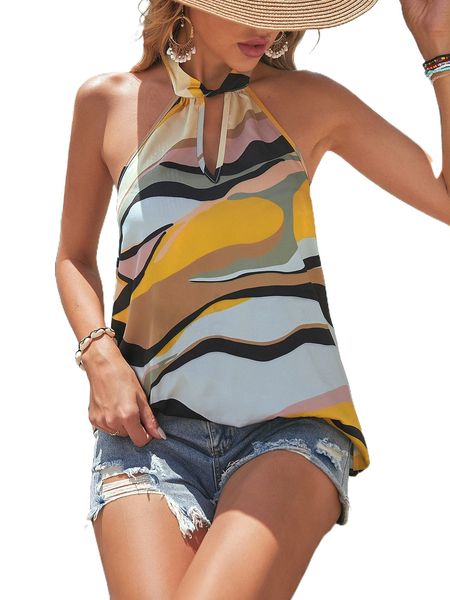 colorblock keyhole neckline tie back halter y1ee#, White 
colorblock keyhole neckline tie back halter y1ee#, White