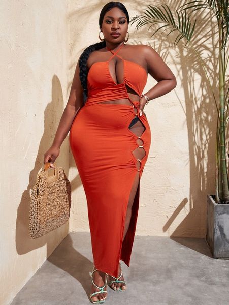 sxy plus o-ring cutout split thigh tie backless bodycon dress g2ho#, Black 
sxy plus o-ring cutout split thigh tie backless bodycon dress g2ho#, Black